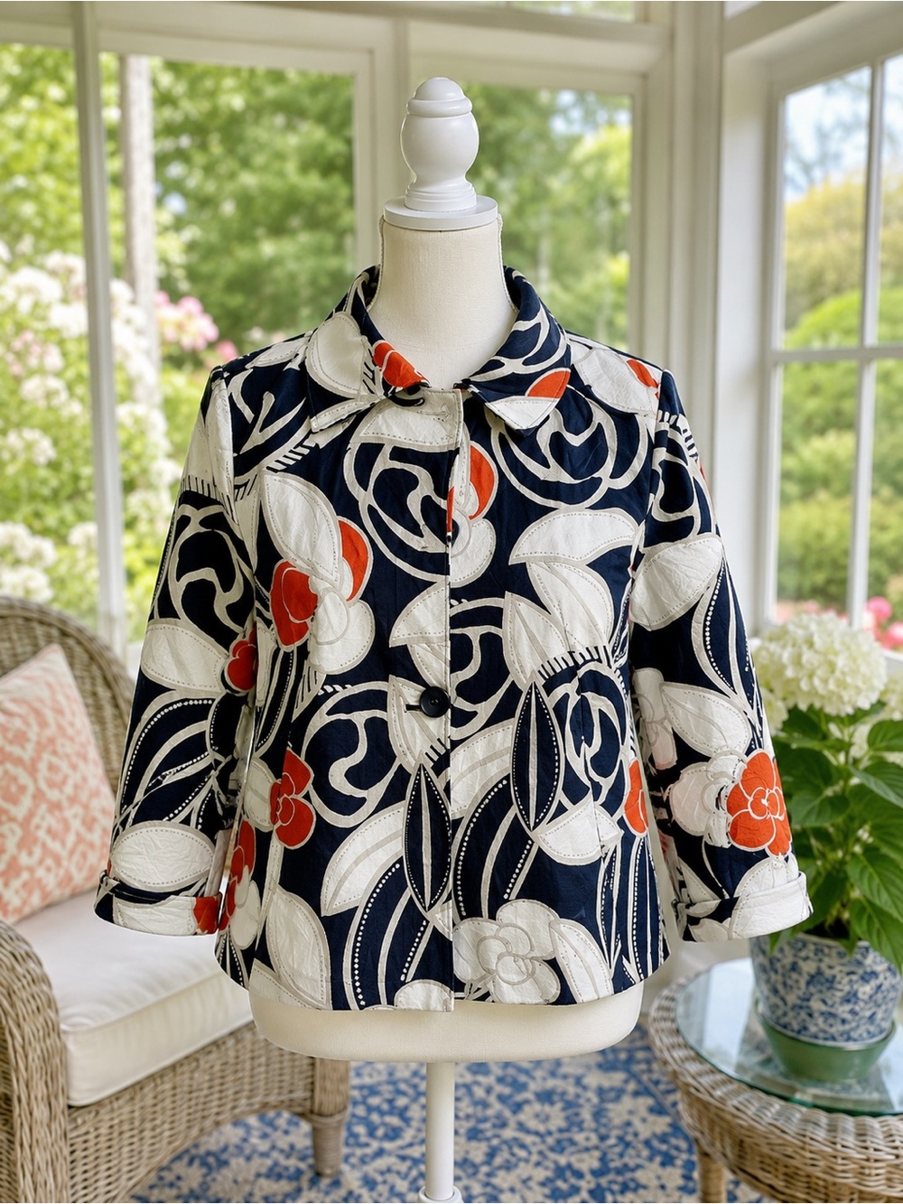 Chicos Sz. 1 Adelaide Jacket Button Front 3/4 Sleeve Floral Navy Orange Ivory